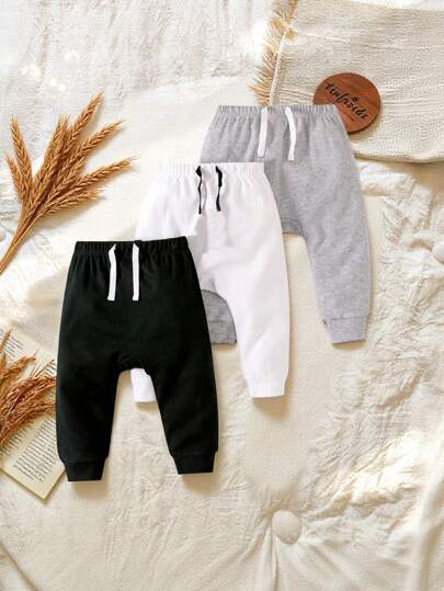 SHEIN Vintaside Kids 3pcs/Pack Baby Boys' Solid Color Front Bow Sweatpants Chic Outfits For Autumn/Winter