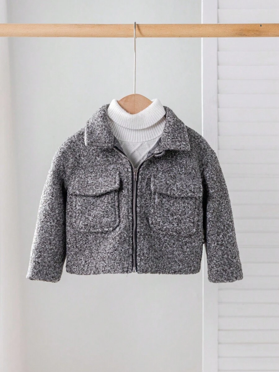 SHEIN Babygirl 可爱双面领灰色夹克,百搭秋冬 - 灰色 - 查看 1