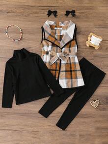 Emery Rose Kids Emery Rose Kids 3pcs/Set Young Girls Urban Fashion Plaid Jacket, Long Sleeve T-Shirt, Pants Set, Suitable For Casual Outings, Parties, Vacations And Other Occasions, Autumn/Winter Toddler Girl Birthday Girl Mommy And Me Matching Halloween Back To School Pink Autumn Fall Sister, Halloween Girls Checkered Outfit Girl Fall Winter Clothes Girls Fall Outfit Sets Girls Plaid Set Two Piece Kids Set Plaid Kids Winter Dresses - Khaki - View 3