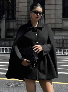 DAZY 女士加大码加厚羊毛披肩外套，复古优雅高端秋冬斗篷夹克 - 黑色 - 查看 6