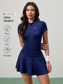 CourtClass 女士字母印花拉链瑜伽连体裤和迷你裙套装 - 藏蓝色 - 查看 1