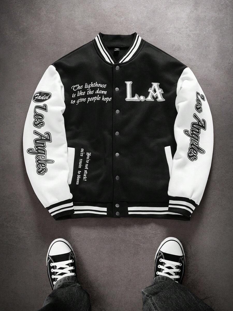 Manfinity Campus Court Aesthetic Post--Men's Long Sleeve "Los Angeles" Print Y2K College Style Varsity Thermal Lined Baseball Jacket, Black And White, Fashionable On INS, Back-To-School & Halloween Must-Have, Perfect Gift For Your Boyfriend, Men Varsity Jacket Black And White Varsity Jacket Los Angeles Jacket , Fall Winter, Grunge - Black - View 1