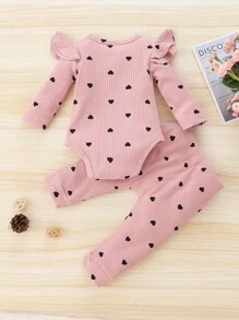 SHEIN Tuta Per Neonata Con Stampa Di Cuori A Manica Lunga E Pantaloni Jogger