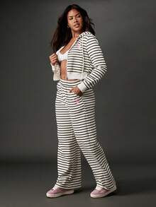 Missguided x Playboy 条纹阔腿慢跑家居裤复古风格舒适休闲裤弹性腰部休闲假日休闲裤带有粉色徽标细节 - 黑與白 - 查看 3