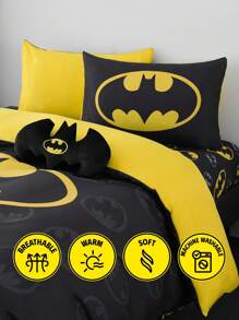 BATMAN X SHEIN 3pc Fashionable & Comfortable Soft Reversible Hero Character Bat Print Duvet Cover Set, For Home, Bedroom