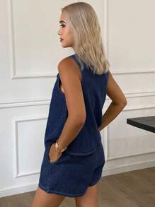 DAZY Women's Summer Round Neck Tie Front Sleeveless Top And Loose Casual Denim Shorts Set - Navy Blue - View 2