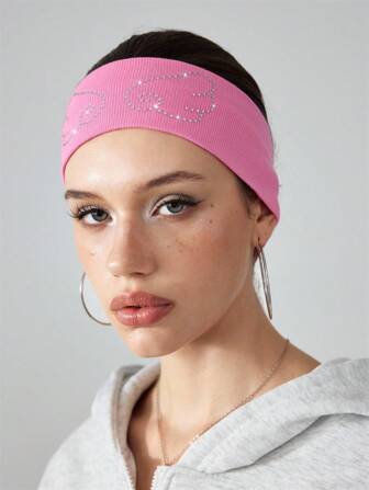 Grunge Punk 1pc Punk Style Wing Pattern Rhinestone Knitted Headband, Minimalist Solid Pink Headband, Sweat-Absorbent Sports Yoga Headband, Versatile Daily Fashion Accessory