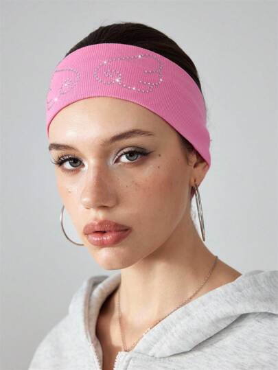Grunge Punk 1pc Punk Style Wing Pattern Rhinestone Knitted Headband, Minimalist Solid Pink Headband, Sweat-Absorbent Sports Yoga Headband, Versatile Daily Fashion Accessory