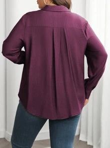 Nuevo 2026 Camisa casual de manga larga de un solo pecho con bolsillo para mujer de talla grande de unicolor - Rojo violeta - Ver 2