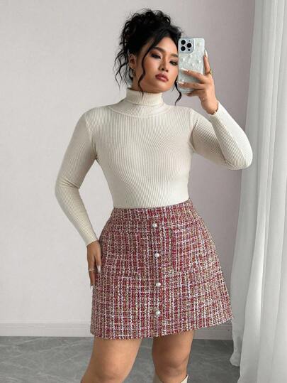 Elenzga Falda línea A elegante y cómoda para talla grande con botones de perla y bolsillos, adecuada para ropa de mujer en primavera, verano, otoño e invierno
