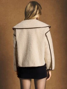 Poéselle Women's Beige Brown Contrast Color Trim Overcoat,Elegant Autumn Winter Jacket,Business Casual Daytime Tops,Old Money Classy Versatile New Year Coat - Apricot - View 6
