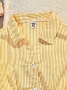 Sparklyn 条纹前扣短袖休闲衬衫，灯笼袖，蝴蝶结褶腰A字修身版型，适合女孩、办公室、度假休闲、夏季 - 黃色 - 查看 5
