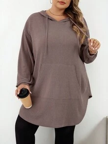 SHEIN CURVE+ Plus Size Solid Color Hooded Drawstring Asymmetrical Hem Sweatshirt Winter Fall Autumn/Autumn /Winter - Dusty Pink - View 9