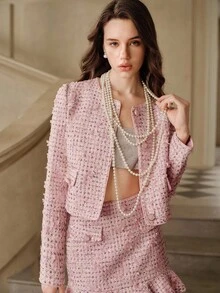 SHEIN Unity 浪漫约会优雅淑女粉色3D花朵圆领夹克和荷叶边下摆短裙两件套，秋冬 - 粉色 - 查看 7