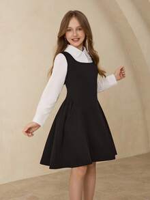 Girls' Casual Stylish Elegant Lapel Raglan Sleeve White Shirt&High Waist Vest Dress Set,Black And White,Autumn,School,Back-To-School All Season Outfit - Black - View 1