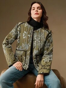 Anewsta 女士优雅腰果花印花绗缝长袖圆领棉服外套，冬季 - 軍綠色 - 查看 4