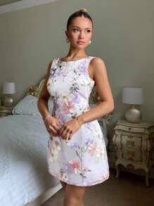 Glamine Váy ngắn không tay thanh lịch cổ điển dành cho nữ, thêu hoa, dáng ôm, nhiều màu sắc, họa tiết hoa ngẫu nhiên, trang phục xuân/hè thu cho nữ trở lại trường - Nhiều màu - Xem 3