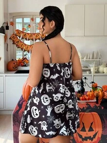 SHEIN Plus Size Women Halloween Pumpkin & Ghost Print Slip Dress - Multicolor - View 2