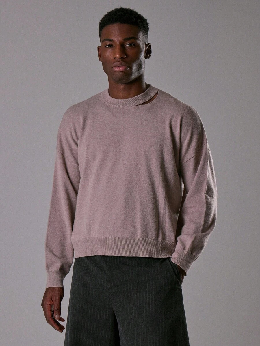 Musero 宽松长款罗纹圆领毛衣，斜裁做旧风格，秋冬/春夏款 - 卡其色 - 查看 1