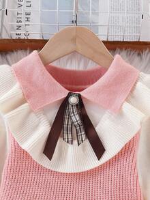 SHEIN 小女孩粉色和白色厚针织毛衣裙，公主风A字裙，适合居家、外出和聚会，秋冬 - 粉色 - 查看 6