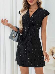 Miaspire 女式圆点印花V领短袖迷你连衣裙 - 黑色 - 查看 5
