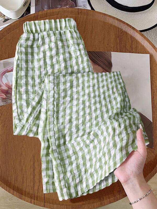Rusticease Pantalones casuales holgados de cintura elástica a cuadros de pierna ancha para mujeres