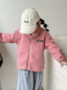 Genkimix Kids Young Girl' Cute Letter Decor Solid Color Jacket - Pink - View 9