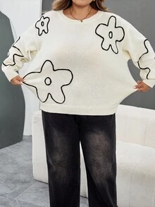 SHEIN CURVE+ Plus Size Women Floral Print Pattern Round Neck Pullover Sweater, New Autumn/Winter Collection/Autumn /Winter - Black and White - View 5