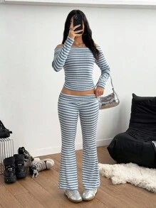 Teenage Girls' Casual Striped Transparent Shoulder Strap Off Shoulder Long Sleeve Top And Simple Knit Flare Pants, Spring/Autumn - Baby Blue - View 3