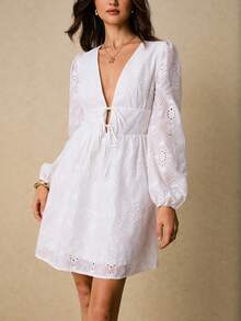 Poéselle 女式纯色常规肩绣花灯笼袖时尚迷你连衣裙 - 白色 - 查看 7