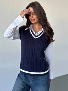 Firerie 女式条纹撞色麻花针织 V 领毛衣背心（不含衬衫），基本款日常通勤针织上衣，百搭必备，秋冬服装，通勤，优雅，休闲，日常，工作 - 藏蓝色 - 查看 6