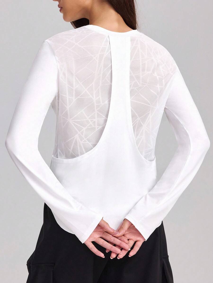 SHEIN Sports 女士圆领几何拼接网眼长袖运动T恤 - 白色 - 查看 1