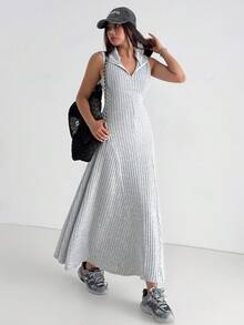 Aidyla Women's Autumn Knitted Brushed Ribbed Grey Sleeveless Mock Neck Fitted Slit Dress Turtleneck Dress Fall Women Dress - Grey - View 4