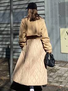 Livesso Women's Padded Coat, Windbreaker Style Rhombus Pattern Loose Solid Color Long Coat, Autumn/Winter - Khaki - View 3