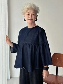 女士时尚休闲落肩牛仔衬衫 - 藍色 - 查看 6