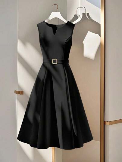 Airaco 优雅金属扣束腰休闲度假紧身正式女士黑色连衣裙