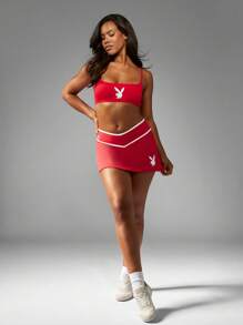 Missguided x Playboy 圣诞节女士运动网球短裙啦啦队迷你裙之字形设计白色条纹夏季运动服表演服 - 紅色 - 查看 4