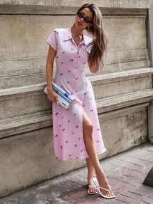 EURMUSE Váy sơ mi vải thêu hoa thanh lịch cho nữ - Hồng - Xem 4