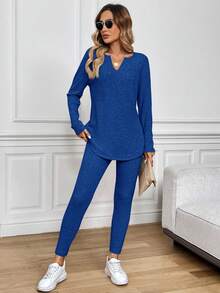 Easowa Bộ 2 áo thun dài tay và quần legging bó sát cho nữ, trang phục màu hồng có gân mờ, bộ đồ hai mảnh thu đông cho nữ, bộ đồ mặc nhà 2 mảnh thoải mái cho nữ, màu xanh lam, mùa thu - Xanh đậm - Xem 6