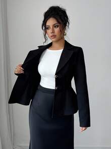 SHEIN LUNE Black Lapel Collar Long Sleeve Button-Up Formal Overcoats For Women Fall Winter Cloth For Women - Black - View 4
