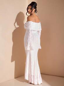 SHEIN BAE Váy Maxi đuôi cá dài tay ren trắng trễ vai thanh lịch dành cho nữ, thích hợp cho đám cưới, tiệc tùng, váy phù dâu, váy tốt nghiệp màu trắng - Màu be - Xem 2