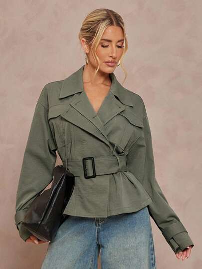 Lumalex Fall Winter Modest Old Money Glitter Holiday Party Rave Festival Outing Vacation Bohemian BOHO Outdoor Richly Layered Wedding Season Banquet Coming Of Age Ceremony Collared Cinched Waist Waist Cargo Pocket Contrast Button Short Women Wide Women Women Shacket For Women For Women Belted Shacket Luxury Prom Christmas New Year