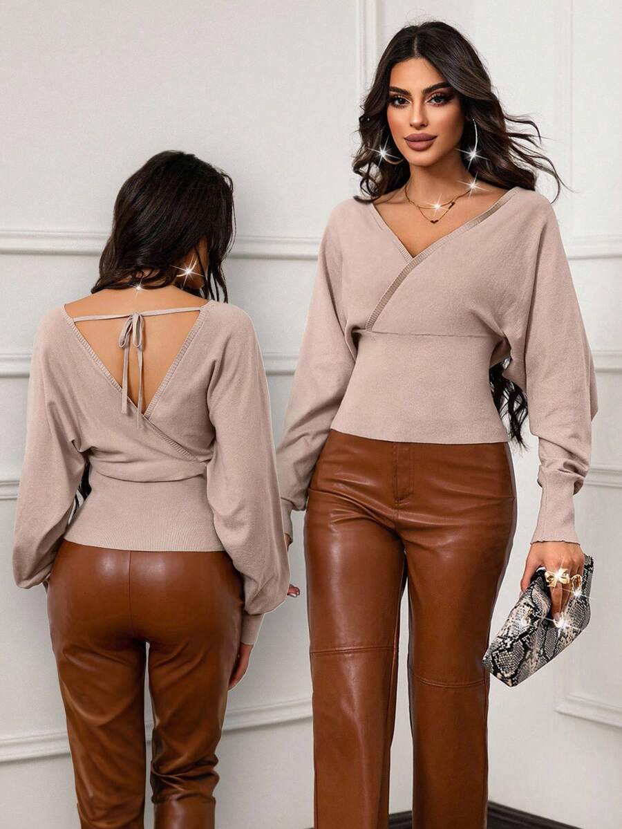 Xyvia Women's French Style V-Neck Criss-Cross Hem Waist Design Sweater,Maillard Style Fall Winter Cloth For Women - Khaki - View 1