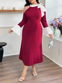 Modelyn Plus Size Women Tie Bow Ruffle Shoulder Rhinestone Embellished Bodycon Elegant Dress, Suitable For Commute And Party - Red - View 5