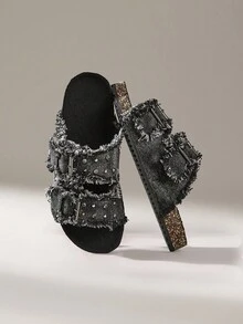 Solecia 女士圆头布洛克鞋流苏全水钻双扣平底舒适休闲鞋、派对鞋、通勤鞋、百搭鞋 - 黑色 - 查看 6