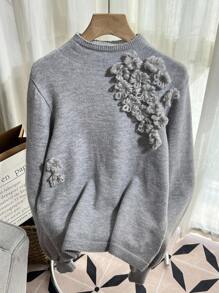Franclia Floral Decor Knitted Sweater, Solid Color Loose Casual Lantern Sleeve Pullover For Women, Autumn/Winter Fall Cloth For Women - Grey - View 1