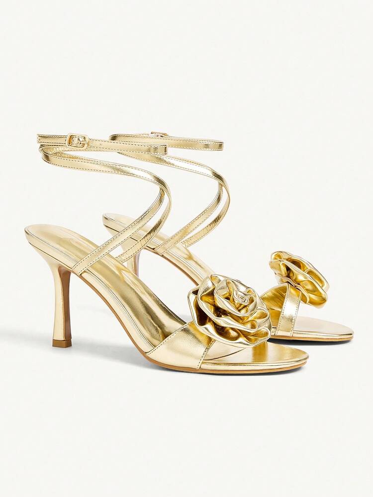 CUCCOO CHICEST Gold Metal Rose Flower Decor Strap Fashionable Sexy Glamorous Elegant Round Toe High Heel Sandals For Christmas