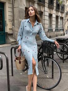 Chiquease New Embroidered Pleated Waist Casual Versatile Slim Fit Dress Fall Cloth For Women - Blue - View 1