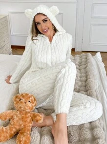 SHEIN Pijamale pufoase cu glugă, din jacquard, cu broderie drăguță cu ursuleți de pluș pentru femei, toamnă-iarnă