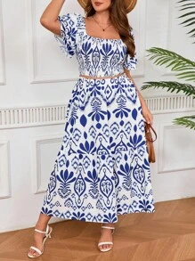 SHEIN PETITE Plus Size Women Casual Vacation Blouse & Skirt 2 Pieces Set - Multicolor - View 4